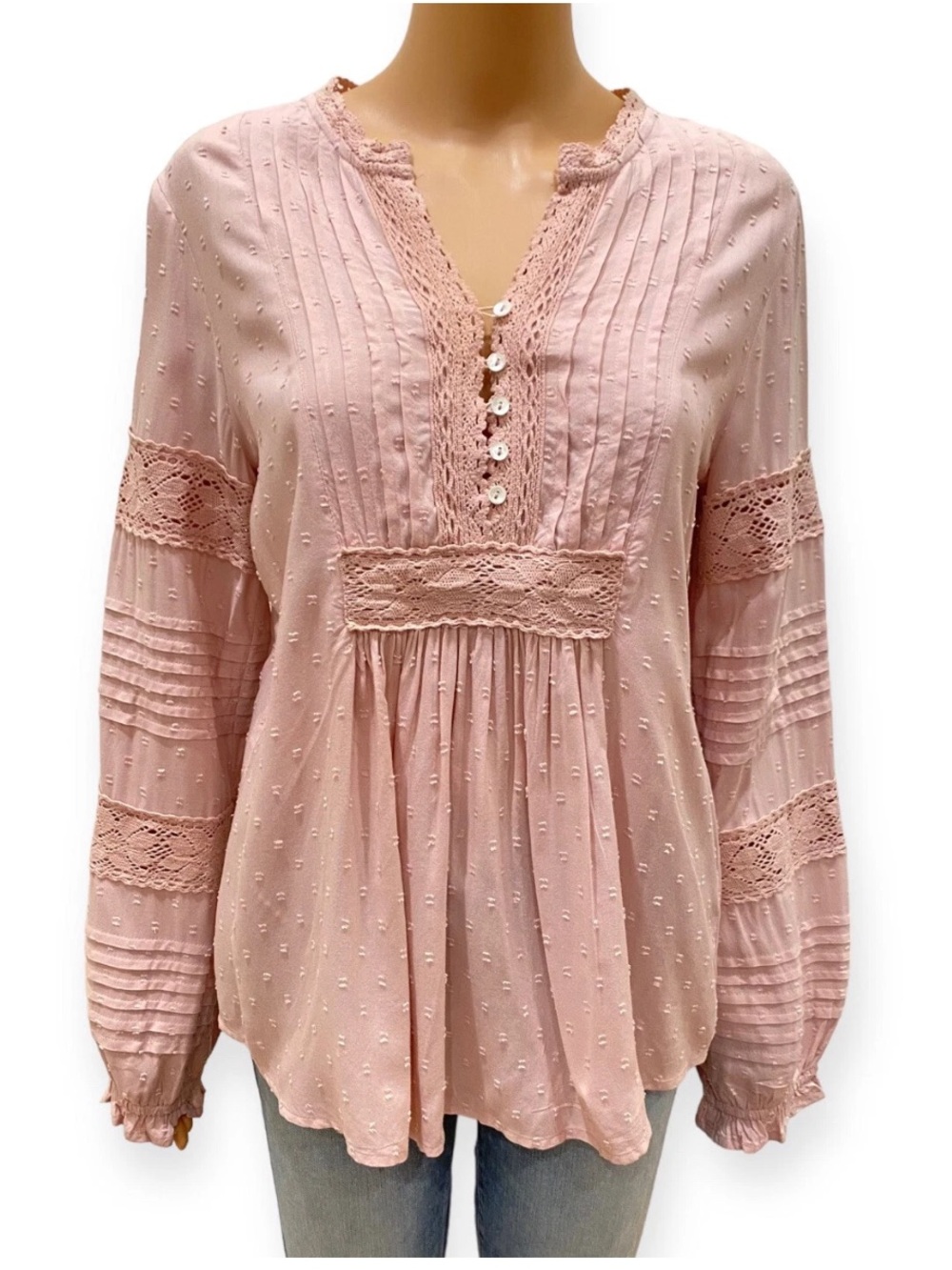 Sundance 'Spirit Lake' pale pink mixed-lace ruffle long sleeve flowy top Medium